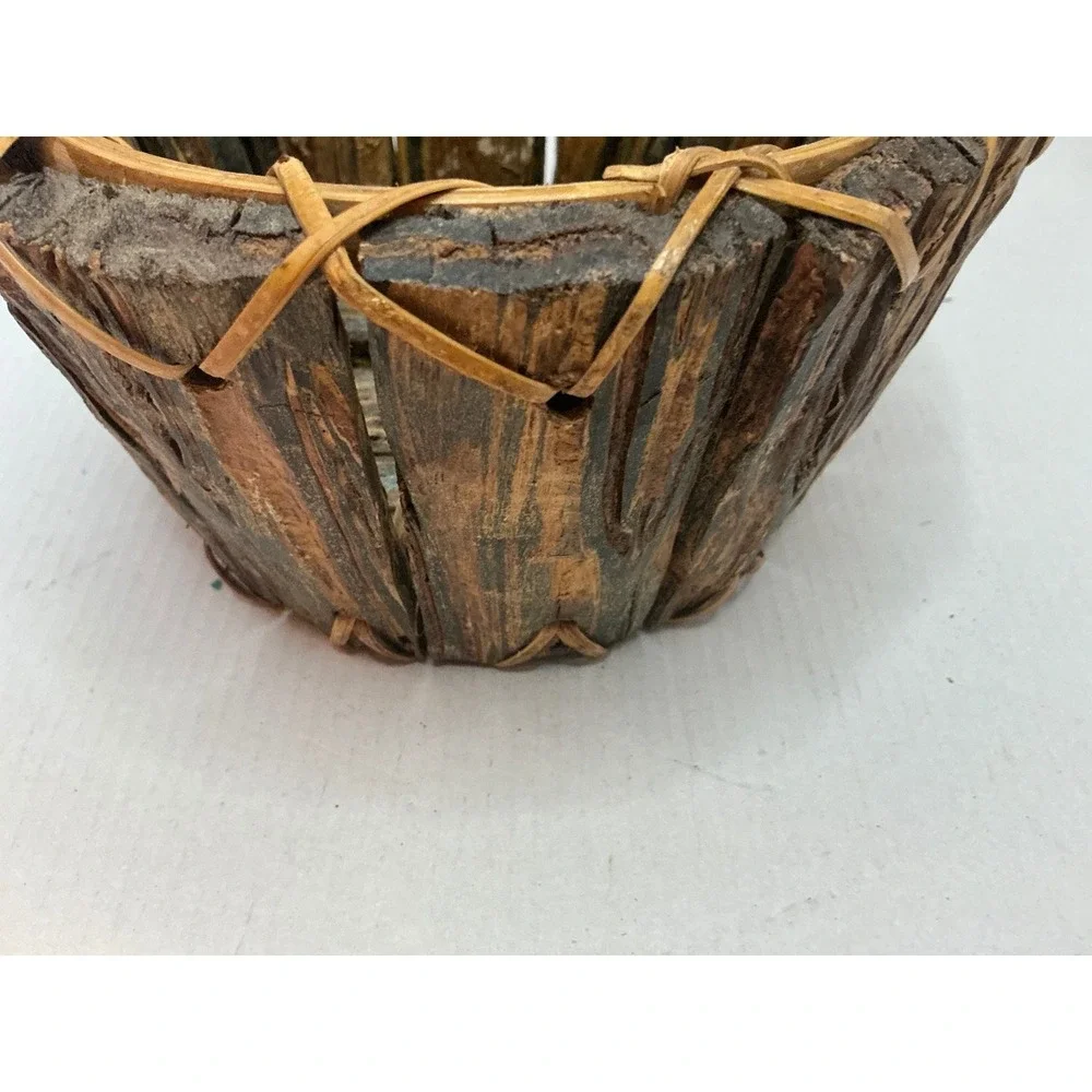 Vintage Bark Wood Basket Rustic Round Planter Brown Cabin Decor 8.5in